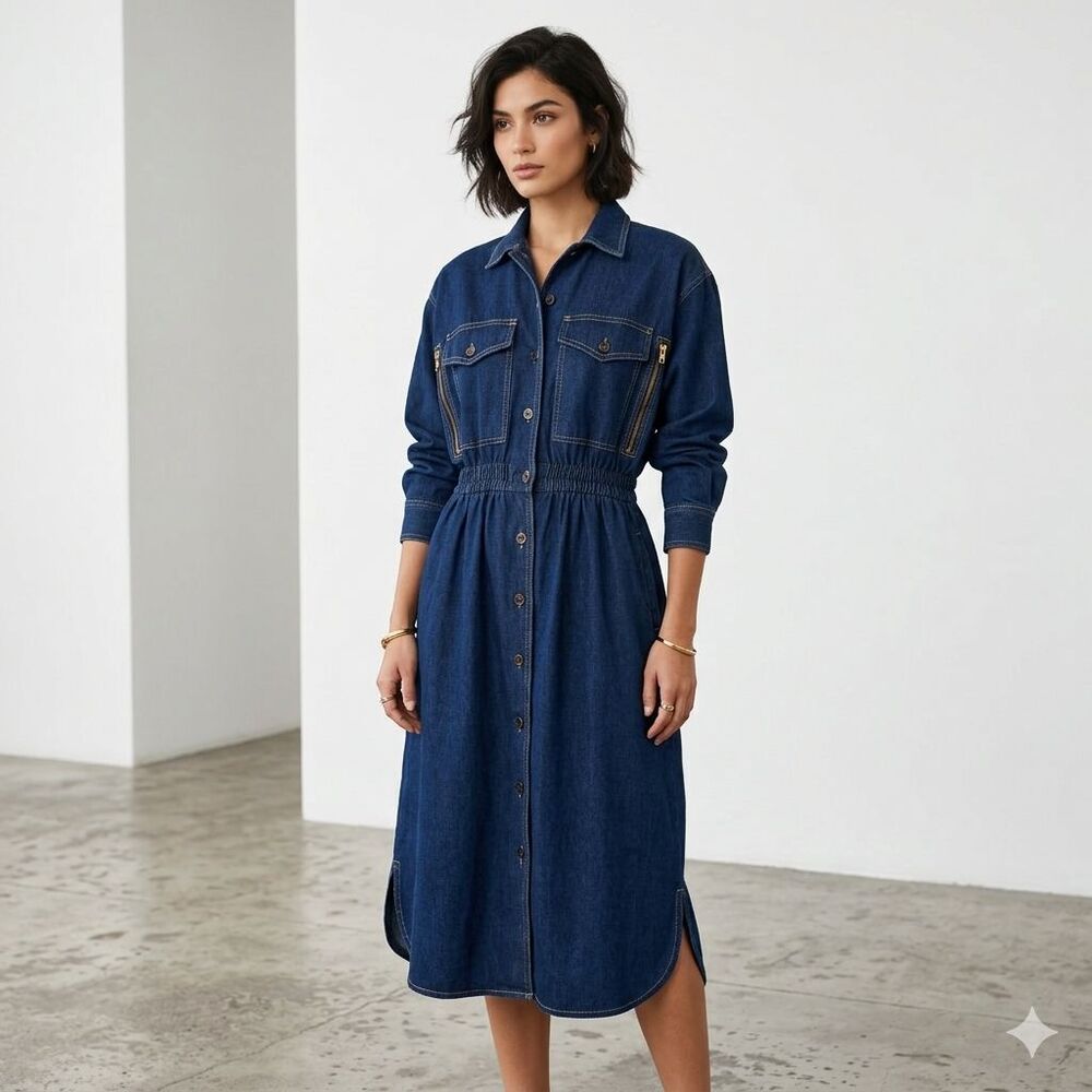 Vintage Saint Germain Denim Dress M Medium Jean Western Utility 80s Midi Blue